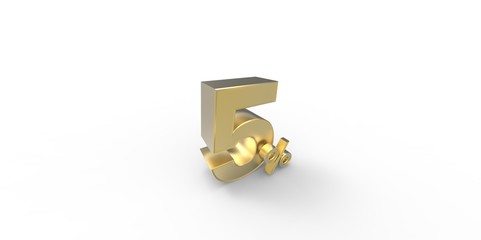 3D rendering of a gold 5 percent letters on a white background