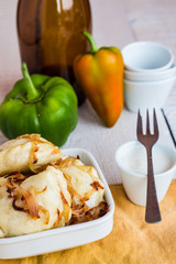 dumplings with fried onions and sour cream, Ukrainian cuisine