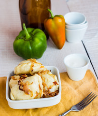 dumplings with potatoes, fried onions and sour cream, Ukrainian