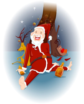 Illustration of Santa and reindeer drunk. Vector EPS 10.