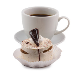 tiramisu and a cup of coffee isolated on white background