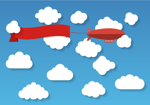 Airship in the cloudy sky. Flat vector illustration.