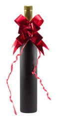 bottle of wine and a red bow isolated on white background