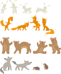 Pretty hare, fox, bear, wolf and hedgehog isolated