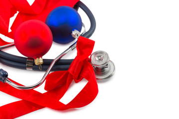 Christmas gift and phonendoscope isolated on a white background
