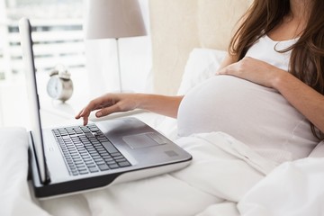 Pregnant brunette using laptop in bed