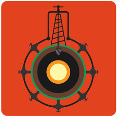Oil mining site with drilling tower on a Earth's. Flat design st