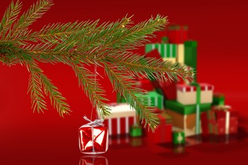 Composite image of red christmas decoration hanging from branch