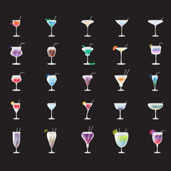 Cocktail Icons Set - Isolated On Black Background