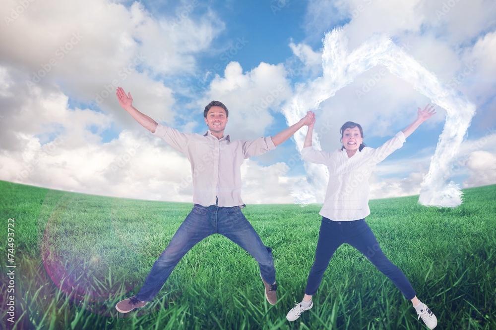 Poster composite image of couple jumping and holding hands
