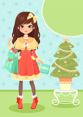 Fototapeta na wymiar cute girl holding presents next to a Christmas tree
