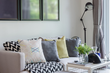 modern living room with row of pillows on sofa