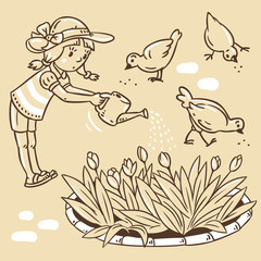 Girl watering the flowers