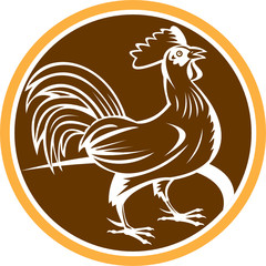 Chicken Rooster Side Circle Woodcut