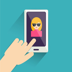 Hand with mobile. Flat graphic design .