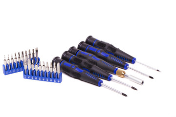 Mixed set of screwdriver tips isolated on a white background.