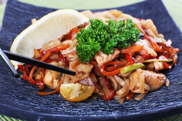 Chinese noodles with vegetables and seafood