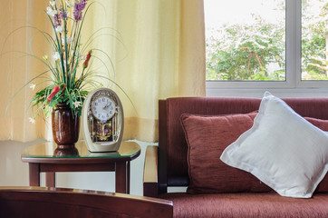 living room with red fabric sofa