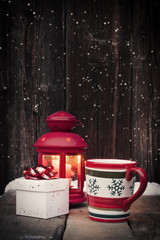 Christmas lantern, mulled wine, gingerbread and decorations on v