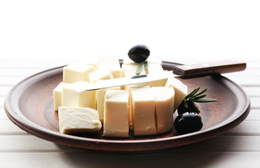 Feta cheese on table