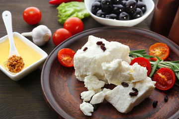 Feta cheese on table close-up