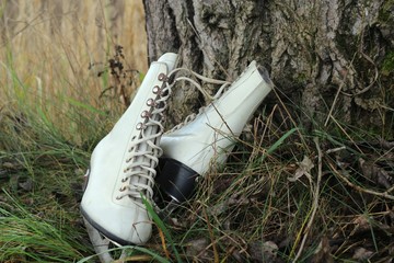 Pair of White Ice Skates lying near the tree