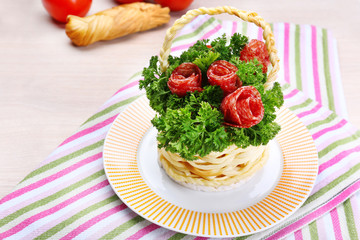 Smoked cheese in shape of basket on table
