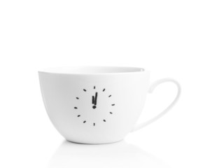 Coffee cup with time for coffee break, isolated on white