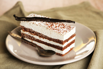 Tasty tiramisu cake on plate, close up