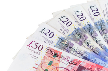 Closeup of english pounds banknotes