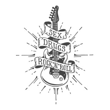 Hand drawn electric guitar with ribbon and text