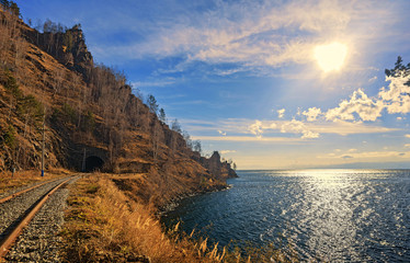 Autumn Circum-Baikal Railway on south lake Baikal