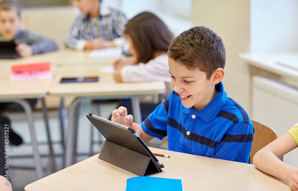 Poster school kids with tablet pc in classroom