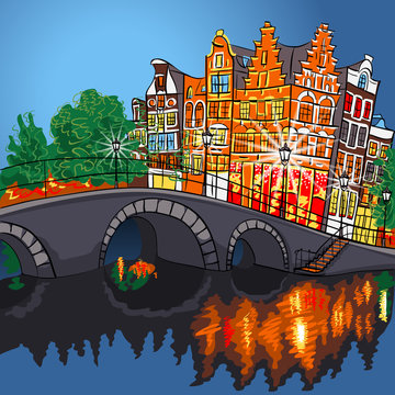 Vector night city view of Amsterdam canal and bridge