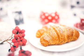 Close-up of fresh baked butter croissants as snack or breakfast