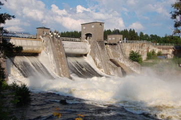 View of a hydroelectric power station dam in Imatra, Finland