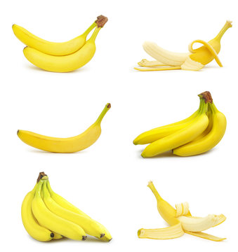 collection of fresh bananas isolated on white background