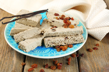 Two kinds of sunflower halva - with raisinas and vanilla taste.