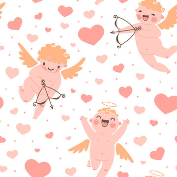 Valentines Day romantic seamless pattern with cute cupid and