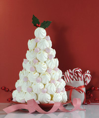 Christmas tree dessert treat with pink and white meringues 