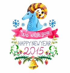 Watercolor beautiful Christmas card with goat