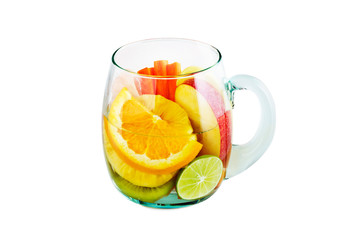 Mug delicious refreshing drink of mix fruits on white background