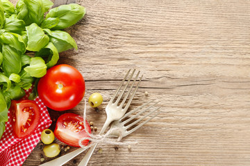 Italian cuisine background: tomatoes, olives and peppers