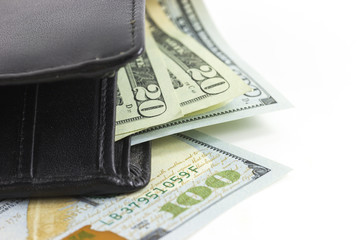 Closeup the dollars in wallet on white background