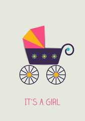 Fototapeta na wymiar Baby announcement card. Vector buggy illustration.