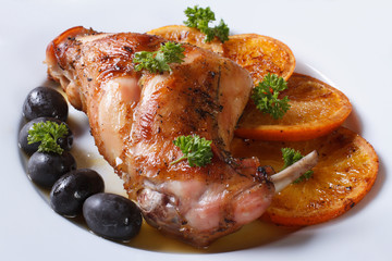 delicious fried rabbit leg with oranges, closeup. Horizontal