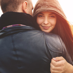 Landscape portrait of young beautiful stylish couple sensual and