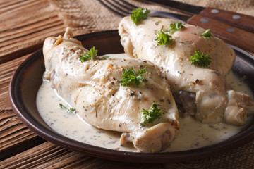 Rabbit leg cooked in cream close up on a plate. horizontal