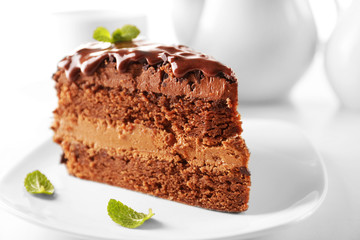 Delicious chocolate cake on plate on table on light background