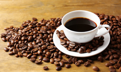 Cup of coffee on wooden table
